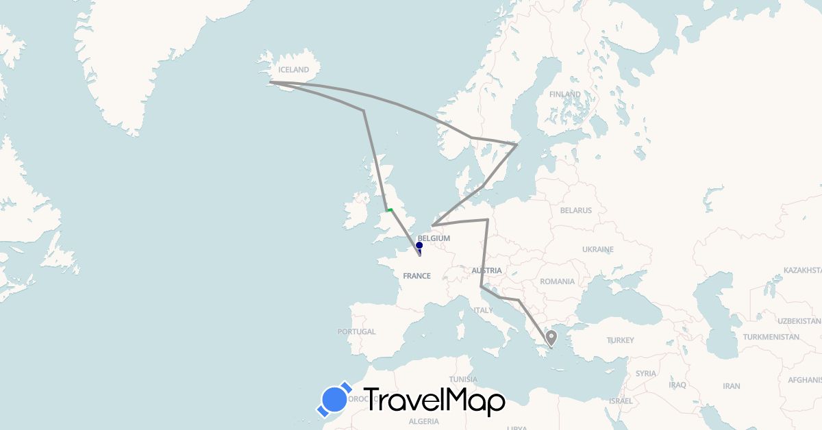 TravelMap itinerary: driving, bus, plane in Bosnia and Herzegovina, Germany, Denmark, Faroe Islands, France, United Kingdom, Greece, Croatia, Iceland, Italy, Netherlands, Norway, Sweden (Europe)